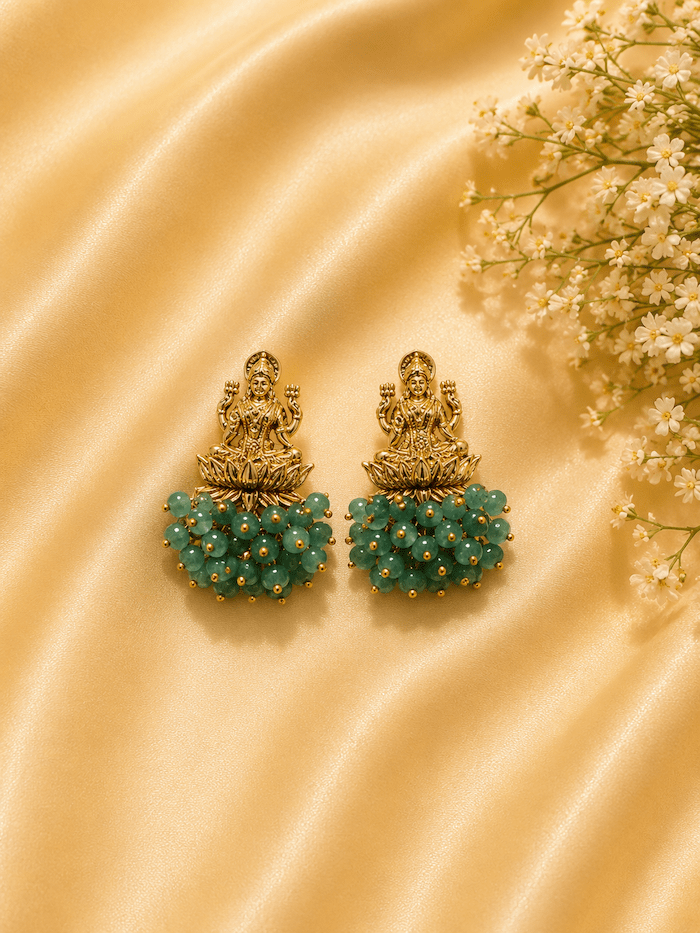Lakshmi Temple Earrings with Green Beads