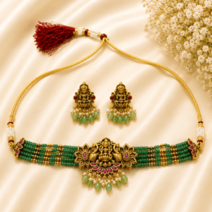 Lakshmi Temple Choker Necklace Set with Green Beads