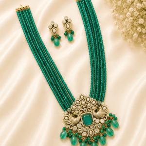 Royal Emerald Green Multi-Layer Beaded Necklace Set with Statement Pendant & Earrings