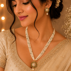 Elegant Multi-Layer Pearl Beaded Necklace Set with Green Stone Pendant