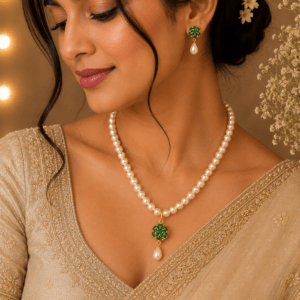 Classic White Pearl Necklace Set with Emerald Green Pendant