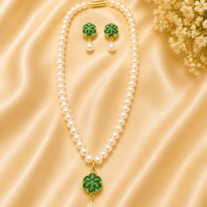 Classic White Pearl Necklace Set with Emerald Green Pendant