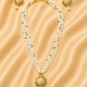 Elegant Multi-Layer Pearl Beaded Necklace Set with Green Stone Pendant