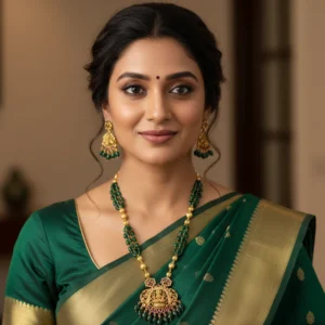 Antique Gold-Plated Lakshmi Pendant Necklace Set with Emerald Green Beads