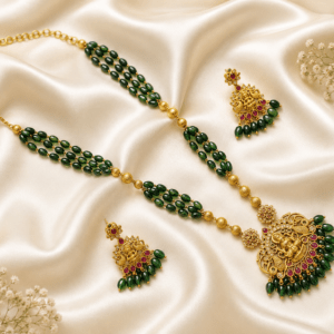 Antique Gold-Plated Lakshmi Pendant Necklace Set with Emerald Green Beads
