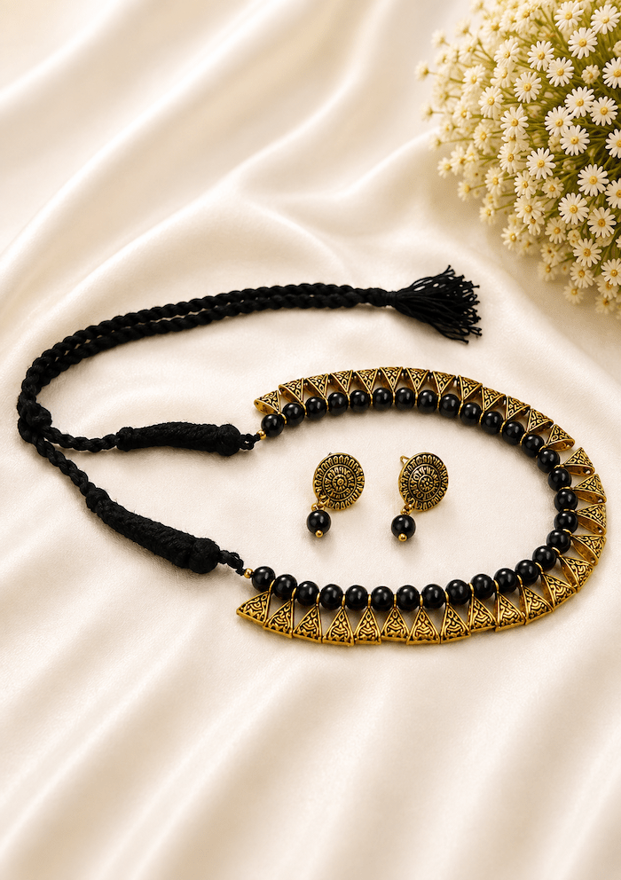 Antique Black Beaded Tribal Statement Necklace Set with Matching Earrings - Image 2
