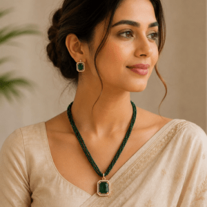 Emerald Green Multi-Strand AD Pendant Necklace Set with Matching Stud Earrings