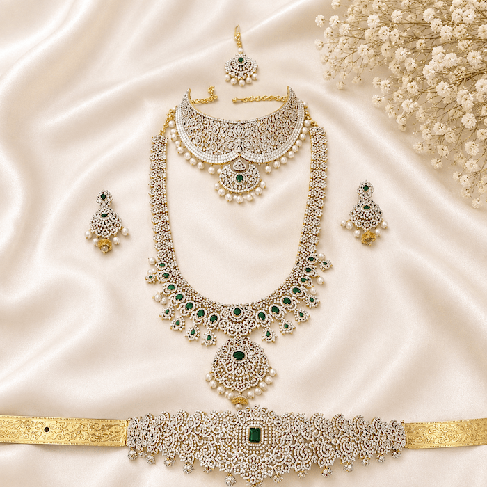 Premium Bridal Jewellery Set on Rent | AD & Kundan Wedding Jewellery Set - Image 2