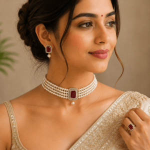 Pearl Choker Necklace Set with Ruby Red AD Stone & Matching Earrings