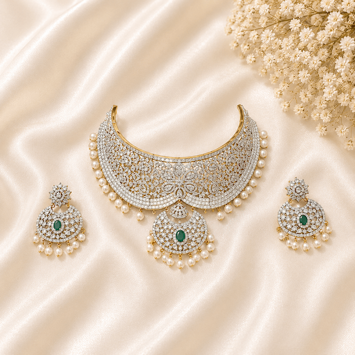 Premium AD Bridal Choker Necklace Set on Rent - Image 2
