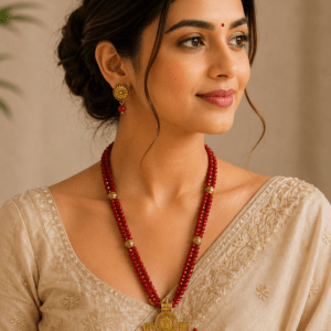 Antique Red Beaded Long Necklace Set with Traditional Gold Pendant & Matching Earrings