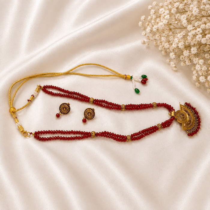 Antique Red Beaded Long Necklace Set with Traditional Gold Pendant & Matching Earrings - Image 2