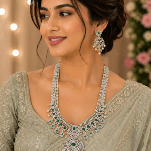 Premium AD Long Necklace Set on Rent | American Diamond Bridal Jewellery with Green Stones
