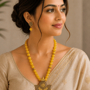 Antique Yellow Beaded Statement Necklace Set with Pearl Tassel Pendant & Matching Earrings