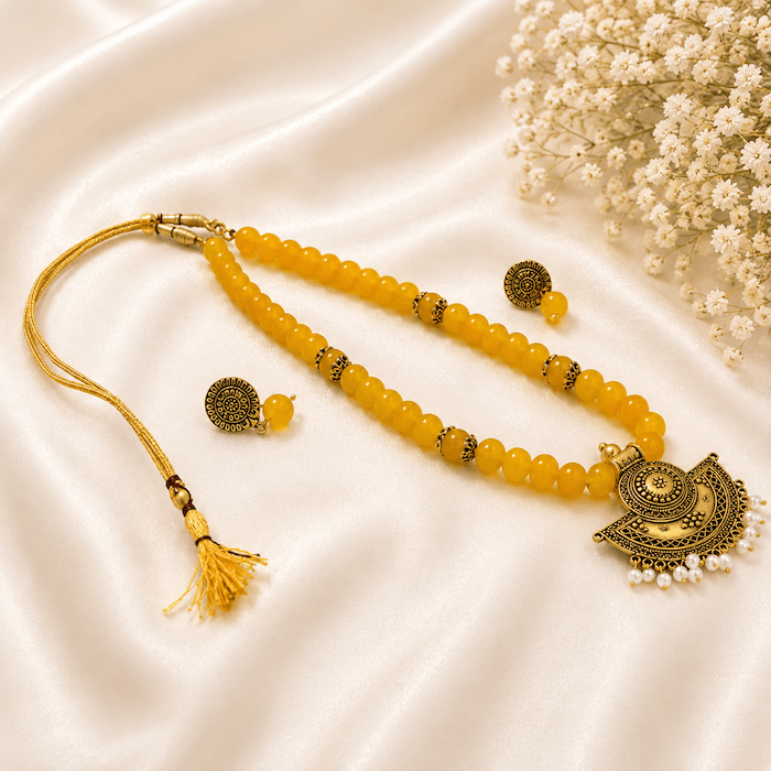 Antique Yellow Beaded Statement Necklace Set with Pearl Tassel Pendant & Matching Earrings - Image 2