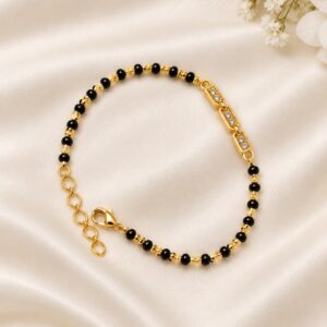 Gold-Plated Black Beaded Bracelet with Crystal Link Design