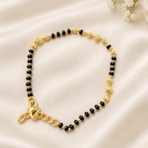 Gold-Plated Black Beaded Bracelet with Gold Balls
