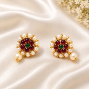 Traditional Gold-Plated Pearl & Red Green Stone Stud Earrings