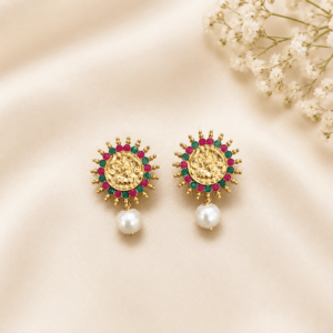 Traditional Gold-Toned Kundan Stud Earrings with Pearl Drop