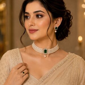 Pearl Choker Necklace Set with Green AD Stone & Matching Earrings