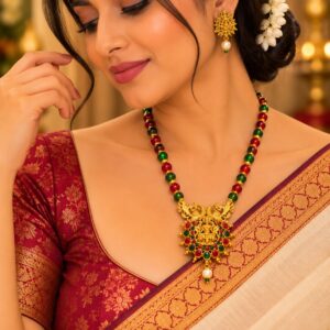 Ruby Emerald Temple Jewellery Necklace Set with Goddess Pendant