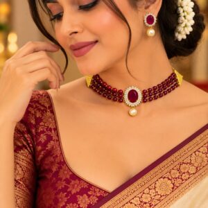 Maroon Ruby Beaded Choker Necklace Set with Pearl Earrings